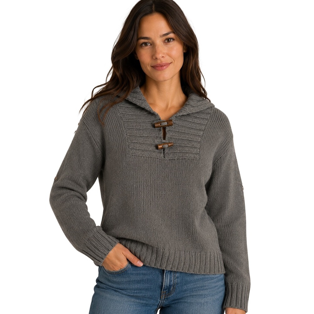 Mexx Womens Grey Toggle Neck Shawl Collar Cotton Blend Knit Sweater Size M